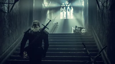 Geralt of Rivia Ascending Dark Mystical Castle Stairs with Glowing Stained Glass image
