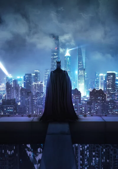 Superhero Batman Overseeing Neon Metropolis at Night, Urban Vigilance image