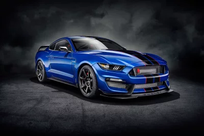 Dynamic Blue Ford Mustang GT350 Sports Car with Racing Stripes image