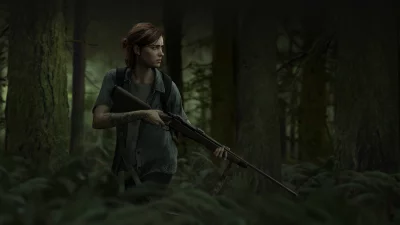 Ellie with Rifle Patrolling Dark Forest, Vigilant Post-Apocalyptic Survivor image