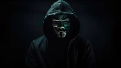 Mysterious Figure in Iconic Anonymous Mask and Dark Hoodie Against Shadowy Backdrop image
