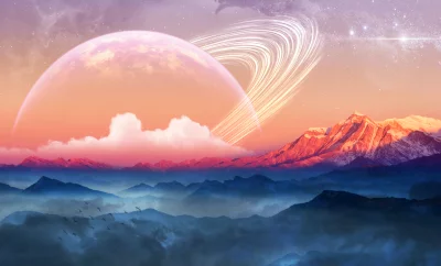 Surreal Alien Planet Landscape with Ringed Gas Giant and Misty Mountains at Sunset image