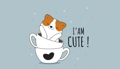 Adorable Cartoon Cat Snuggling in Stacked Teacups with 'I'm Cute' Message image
