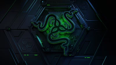 Razer Triple-Headed Snake Logo on Dark Metallic Hexagonal Background image