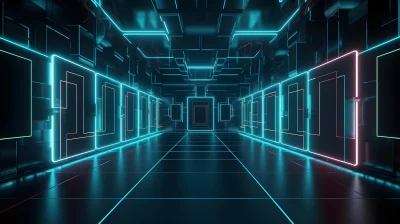Sci-Fi Digital Corridor with Glowing Neon Blue and Pink Lights and Geometric Frames image