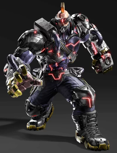 Powerful Futuristic Armored Warrior with Glowing Red Lights and Cybernetic Enhancements image