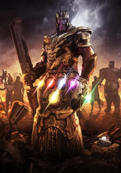 Thanos Wielding Infinity Gauntlet and Double-Edged Sword on Devastated Battlefield image