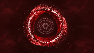 Dynamic Red Particle Vortex with Glowing Esoteric Symbol on Dark Abstract Background image