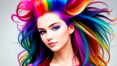 Vibrant Rainbow Hair Fashion: Stylish Young Woman with Colorful Hairstyle image