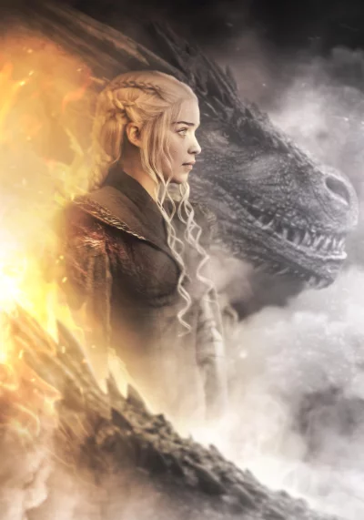 Empowered Fantasy Woman with Dragon Amidst Fiery, Smoky Mystical Realm Art image