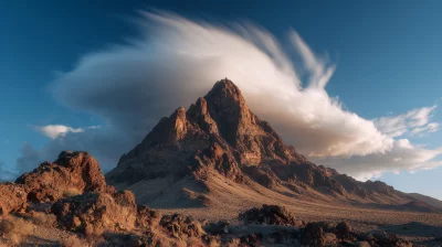 Majestic Desert Mountain Peak with Dynamic Streaking Clouds at Golden Hour