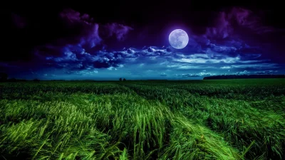 Enchanting Full Moon Illuminates Green Field Under Dramatic Night Sky image