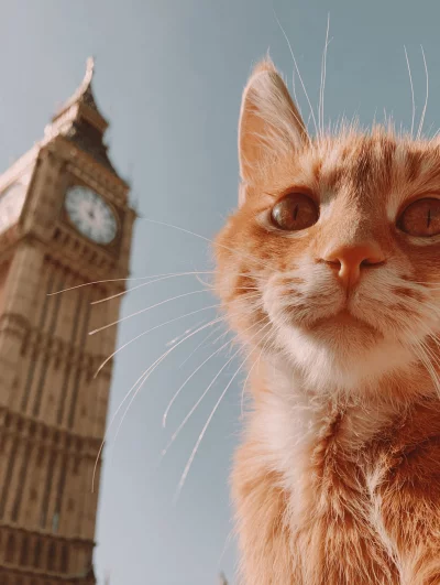 Curious Orange Cat in a Unique Close-up with London's Iconic Big Ben Clock Tower
