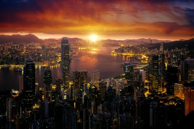 Breathtaking Hong Kong City Skyline Illuminated at Sunset Panoramic Cinematic View image