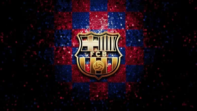 Glistening FC Barcelona Emblem on a Vibrant Mosaic Red and Blue Background image
