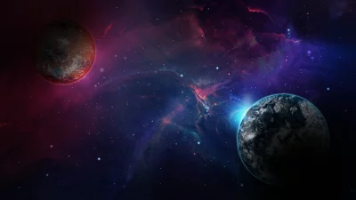 Stunning Cosmic Panorama with Planets and Vibrant Nebula Background image