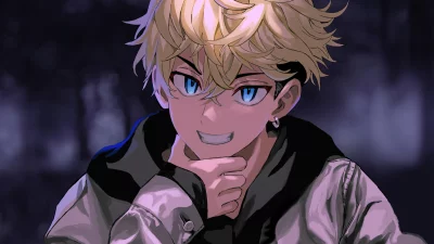 Confident Anime Boy with Blonde Hair and Striking Blue Eyes image