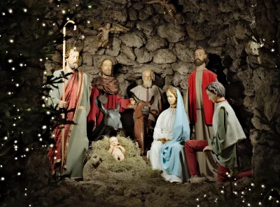 Traditional Christmas Nativity Scene Display with Holy Family and Festive Lights image