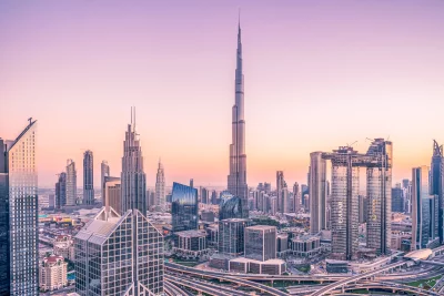 Dubai Burj Khalifa Skyline at Golden Hour Sunset with Modern Architecture image