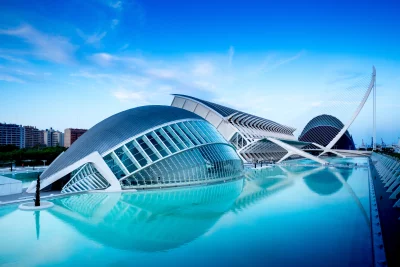 Stunning Modern Architecture Valencia Spain Futuristic Buildings Reflecting in Water Blue Sky Wallpaper image