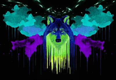 Vibrant Neon Wolf Face Abstract Digital Art Wallpaper with Colorful Paint Drips image