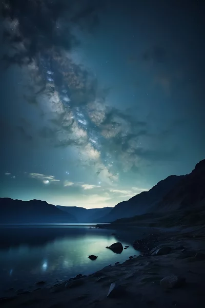 Serene Night Landscape with Milky Way Over Calm Lake and Mountains