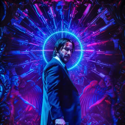 John Wick Standing Defiant in Neon Glow with Array of Weapons and Skulls image