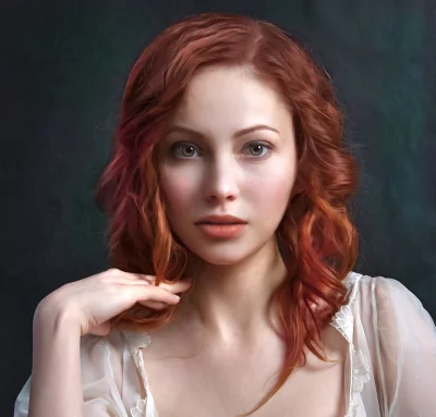 Pensive Redhead Woman in Ethereal White Dress with Delicate Lace image