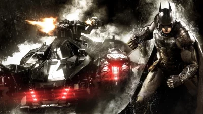 Dynamic Batman and Batmobile Action in a Gritty Rainy City Battle image