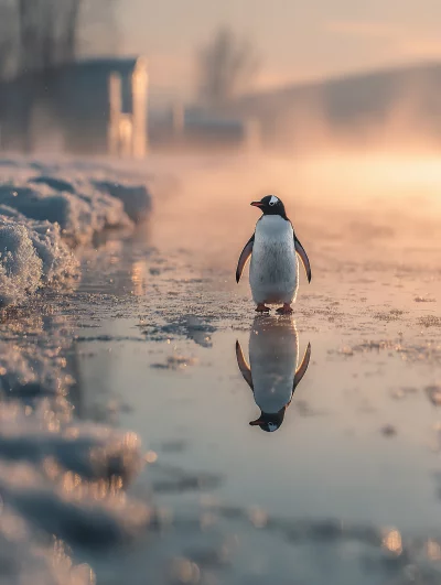 Gentoo Penguin Reflected on Icy Water at Misty Sunrise Dawn