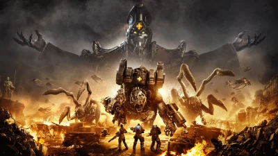 Epic Sci-Fi Battle: Human Soldiers Confronting Giant Monsters in a Fiery Apocalyptic City image