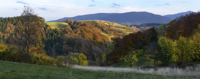 Panoramic Autumn Landscape with Rolling Hills, Vibrant Forests, and Distant Countryside Homes image