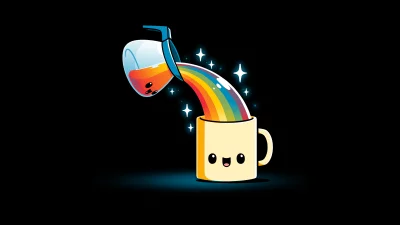 Whimsical Smiling Mug Receiving a Magical Rainbow Pour from a Flask with Glowing Sparkles image