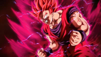 Anime Fighter Son Goku in Super Saiyan God form with intense red aura and lightning image