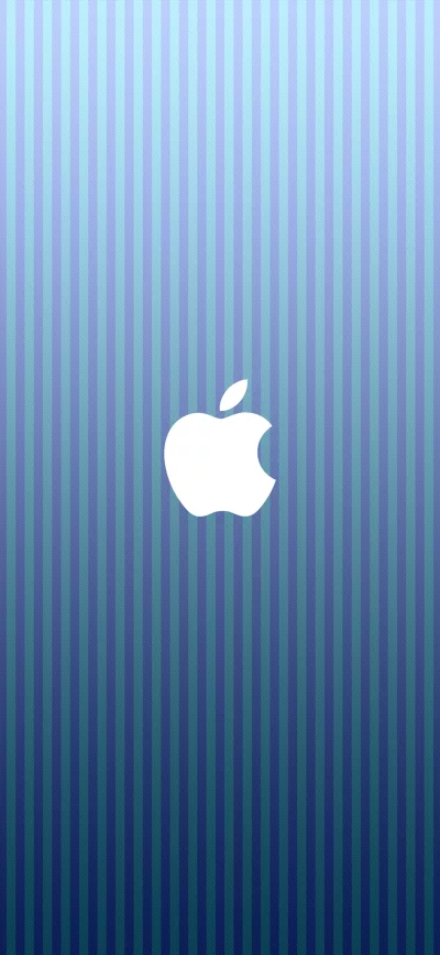 White Apple Logo on a Blue and Teal Striped Background