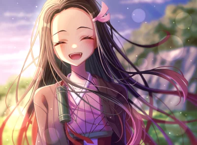 Anime Nezuko Kamado Smiling in Kimono with Glowing Fangs in Fantasy Sunset image