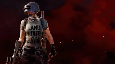 Female PUBG Battle Royale Character in Tactical Gear on Fiery Battlefield image