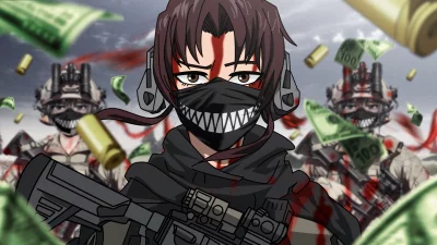 Anime-style Soldier with Shark Mask and Rifle Amidst Falling Money and Blood image