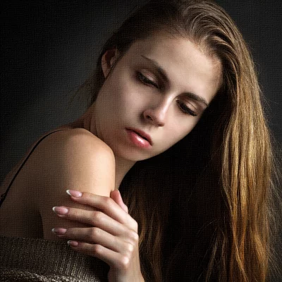Serene Young Woman with Eyes Closed and Hand on Shoulder image