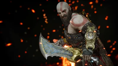 Fierce God of War Character Kratos Wielding Leviathan Axe in a Fiery Battle image