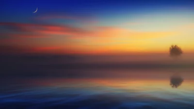 Serene Twilight Lake with Vibrant Sky Reflection, Misty Horizon, and Crescent Moon image