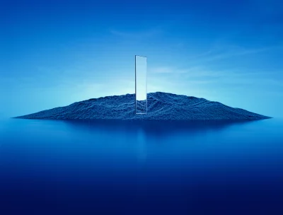 Abstract Blue Landscape with Reflective Monolith on Textured Island image