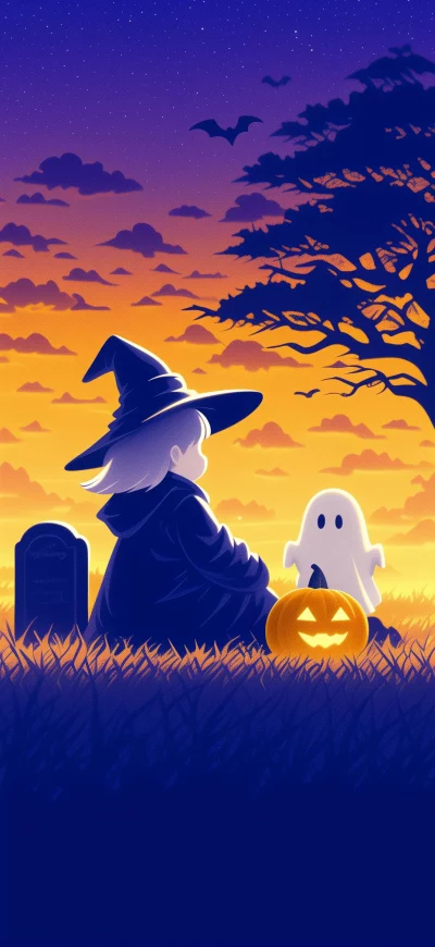 Halloween Witch and Ghost Sit in Grassy Cemetery with Jack-o'-lantern