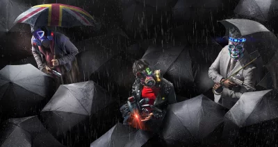 Three Mysterious Characters in Rain with Umbrellas and Gas Masks in Dark City image