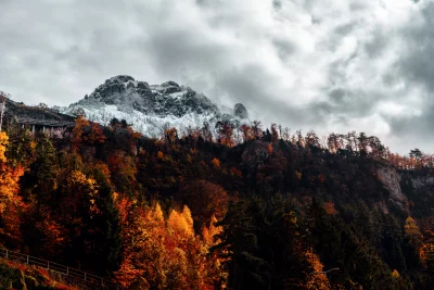 Majestic Snow Capped Mountain Peak with Vibrant Autumn Trees and Dramatic Clouds Scenic Landscape Wallpaper image