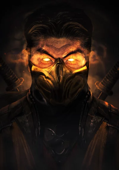 Mortal Kombat Scorpion Portrait: Fiery Mask, Glowing Eyes, Katanas image