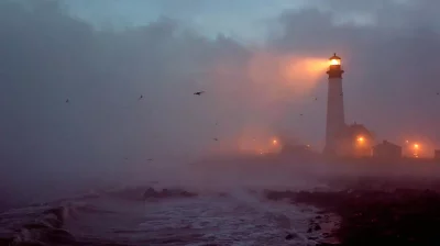 Dramatic Lighthouse Beacon Piercing Through Dense Fog with Stormy Ocean Waves at Twilight