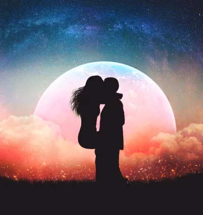 Romantic Couple's Silhouette Kiss Under a Cosmic Moonlit Sky image