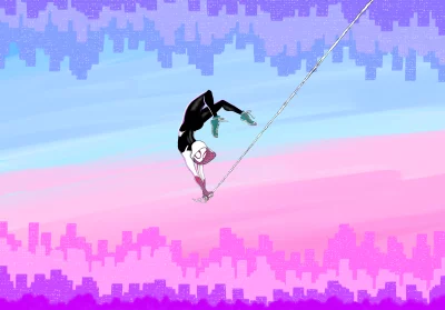 Dynamic Female Character in Black and White Suit Hanging from Web Over City image
