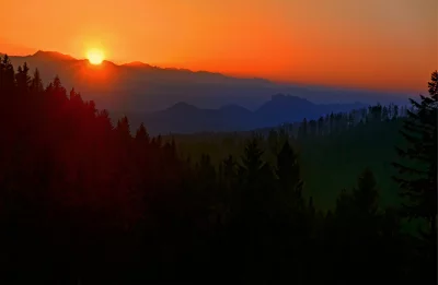 Vibrant Sunset Over Majestic Mountains and Forest Landscape image
